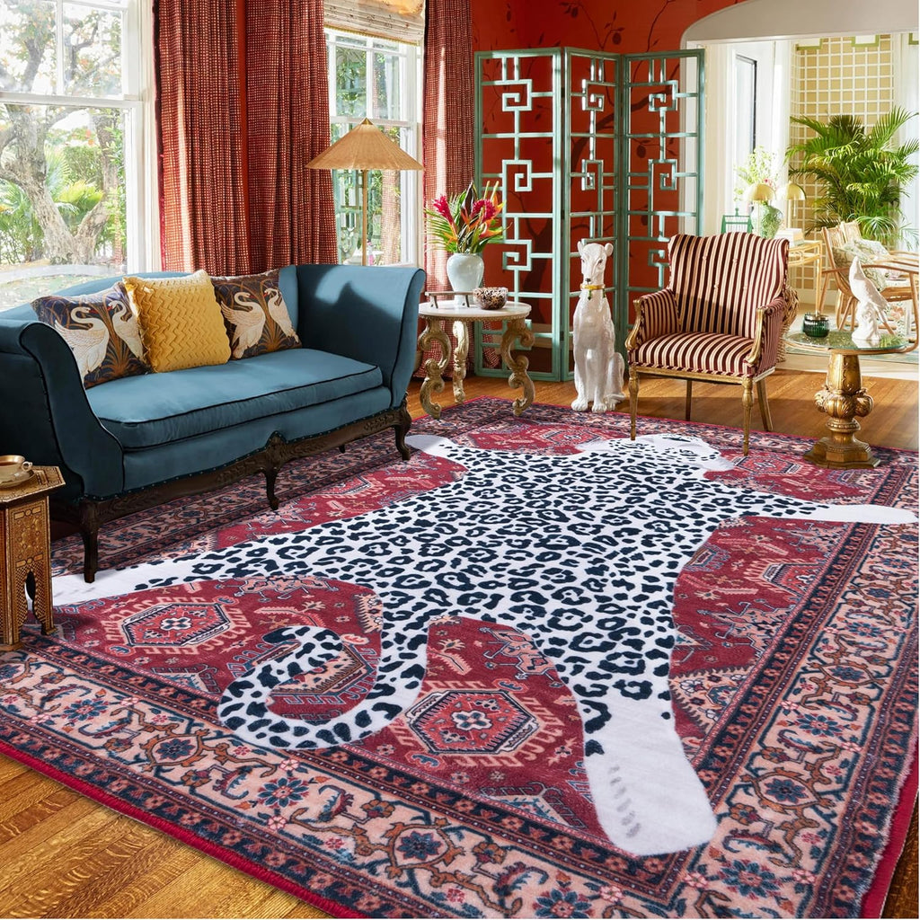 Oriental Leopard Rug 8x10 ft Washable Traditional Red Area Rugs for Bedroom Living Room, Dining Room Under Kitchen Table, Soft Non Slip Thin Rug Carpet (Red Leopard, 10X8 FT)