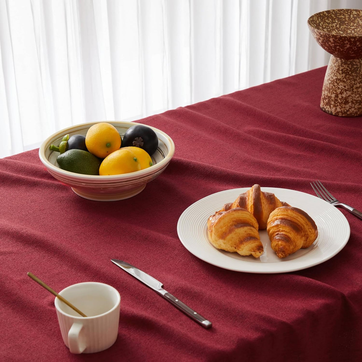 Tassel Linen Rectangular Table Cloth, Burgundy 60x120 Inch