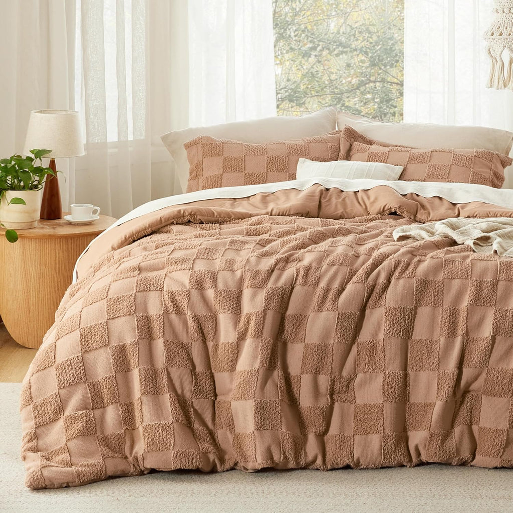Bedsure Taupe Comforters Queen Set, Vintage Boho Plaid Bedding Set 3 Pcs