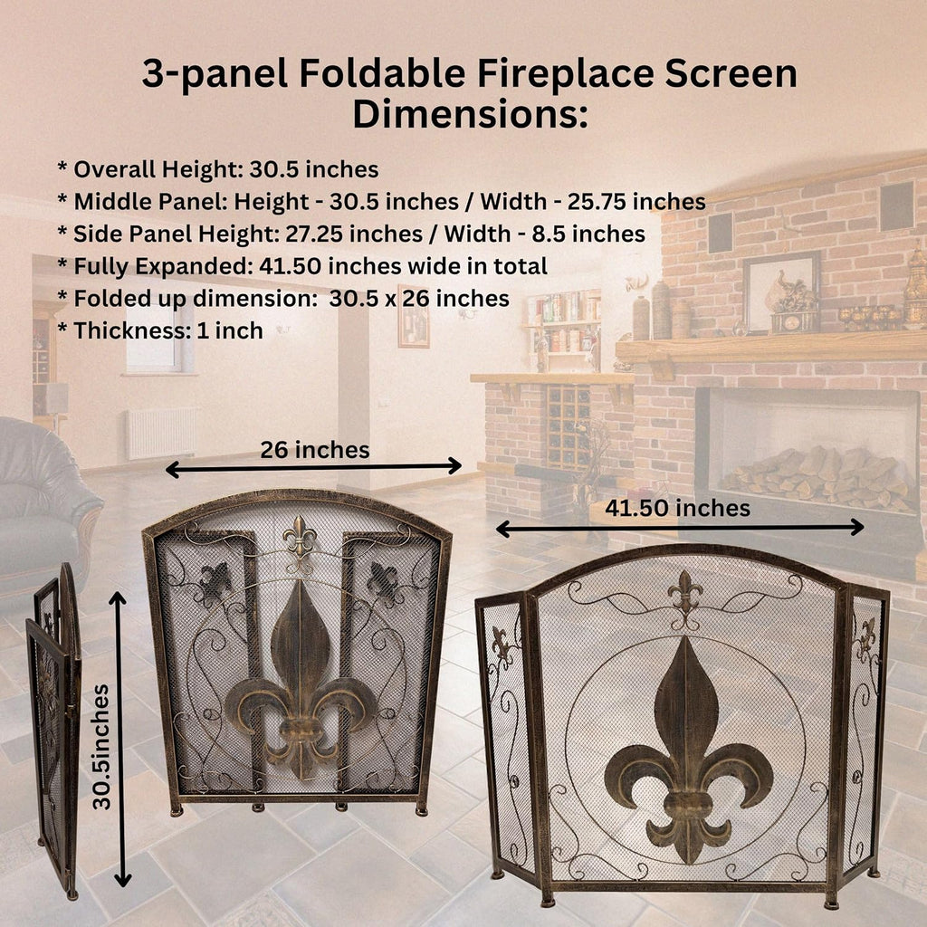 BestGiftEver 3-Panel Fireplace Screen- Fleur De Lis Design Vintage