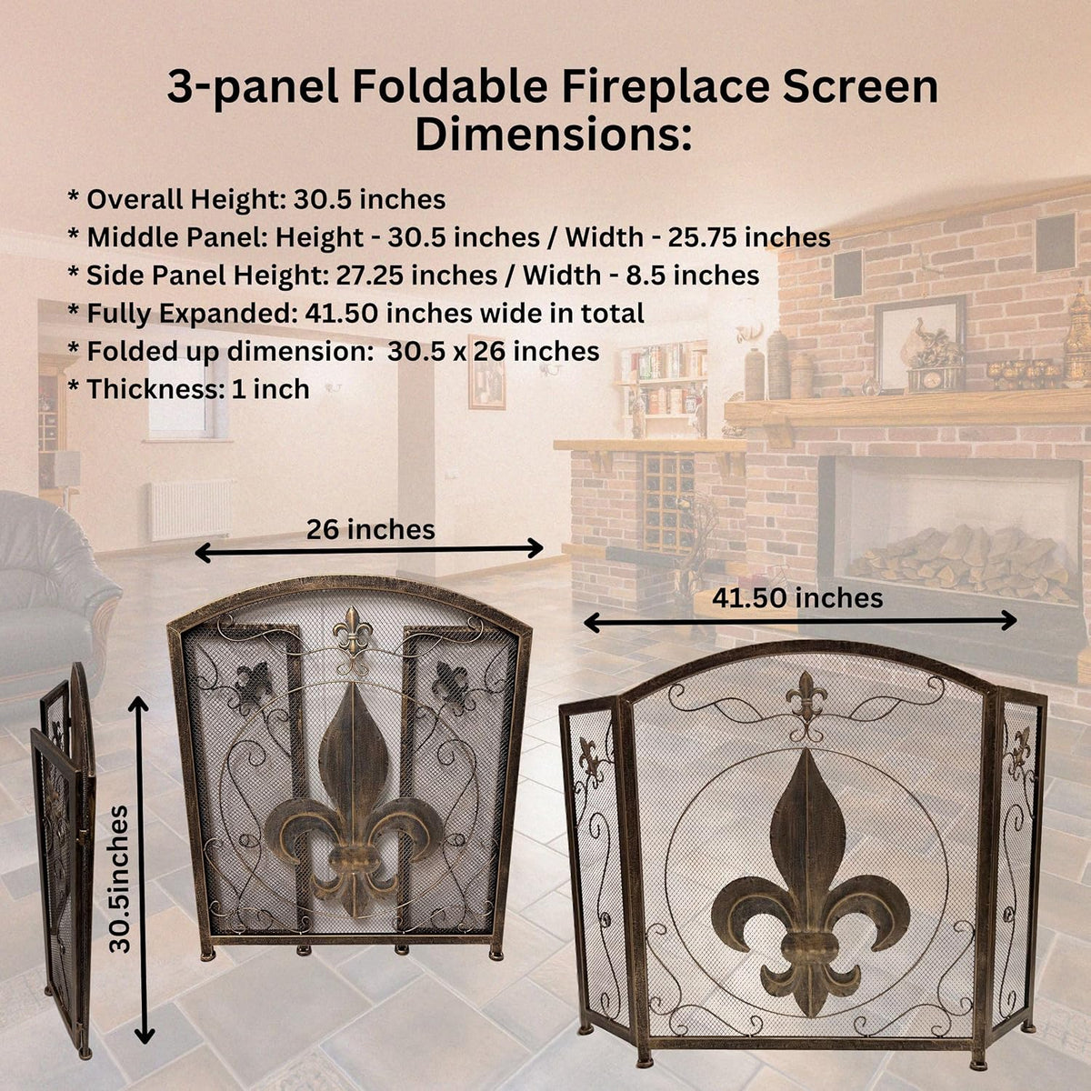 BestGiftEver 3-Panel Fireplace Screen- Fleur De Lis Design Vintage