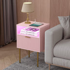 JOONEE Modern Nightstand with Charging Station and LED Lights, White Bedside Table with Drawer, Fluted Side Table for Living Room, Bedroom