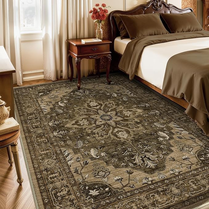 Area Rugs 5'x7' Washable Non-Slip, Floral Vintage Distress Print Pattern - Image 3