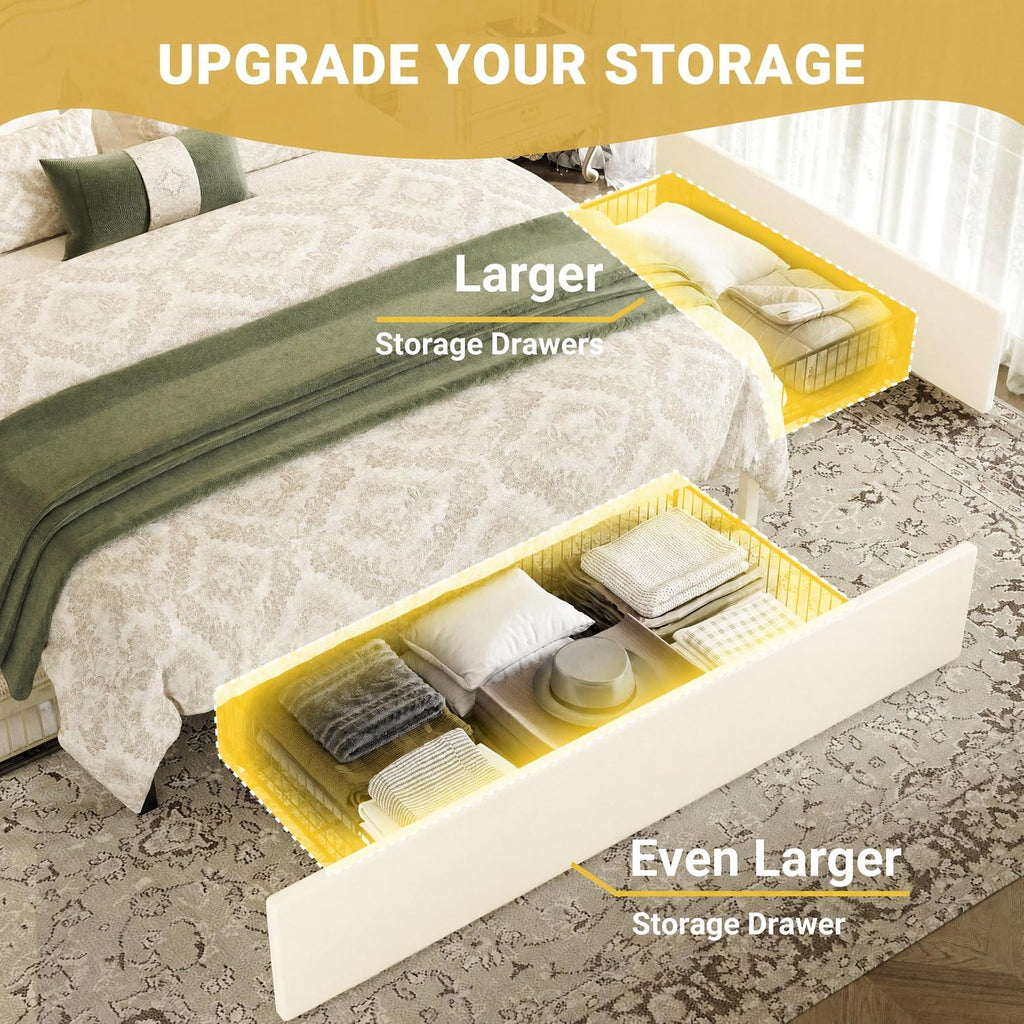 SHA CERLIN Queen Upholstered Platform Bed Frame with 3 Spacious Storage Drawers, Built-in LED Lights & Charging Station, Vertical Tufted Headboard with Shelf, No Box Spring Needed, Chenille White