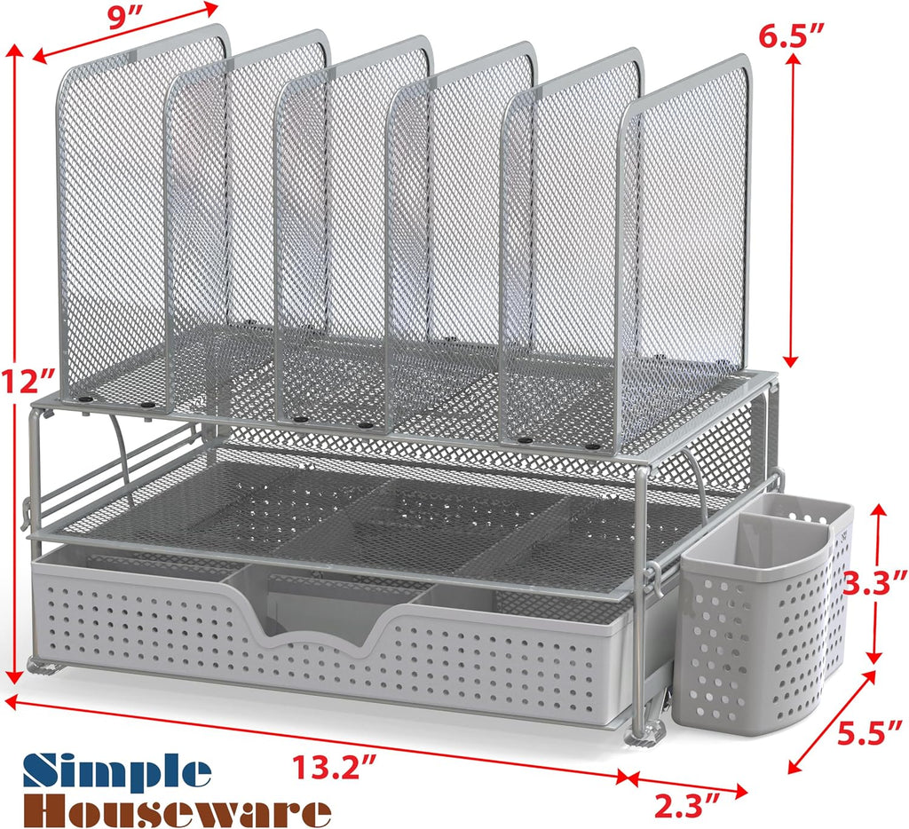 Simple Houseware Desk File Organizer for Office Supplies w/Drawer, Silver