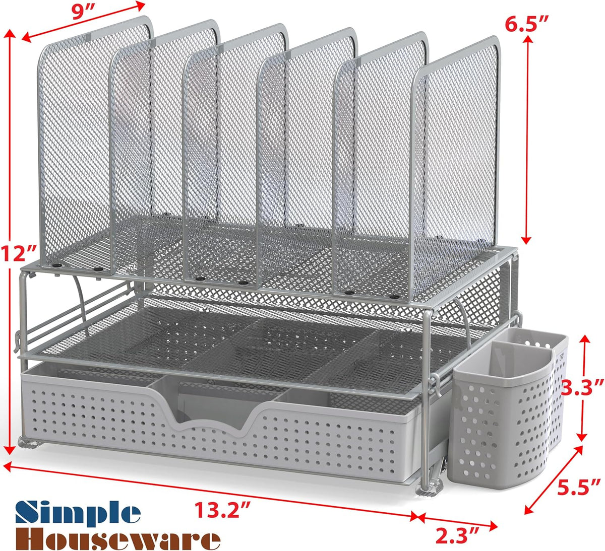 Simple Houseware Desk File Organizer for Office Supplies w/Drawer, Silver