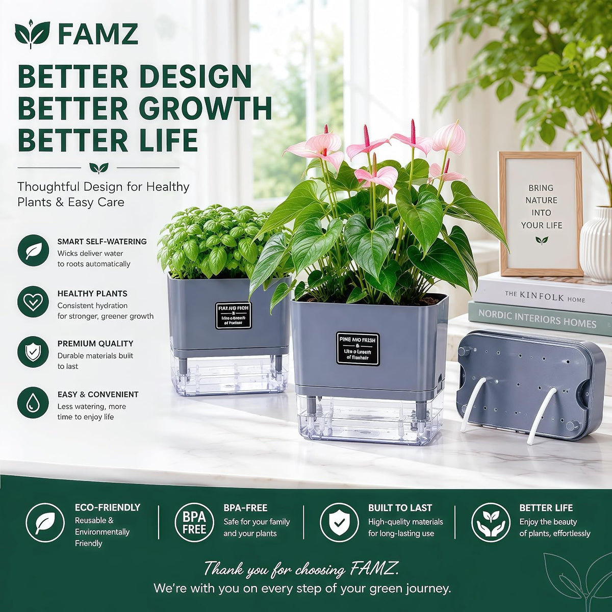 Self Watering Planters 4 Pack, 7 Inch Rectangle Plant Pots with Visible Water Reservoir, Indoor Outdoor Herb Planter Boxes for Windowsill，African Violets，Succulents，Flowers，Kitchen，Office，Balcony Gray