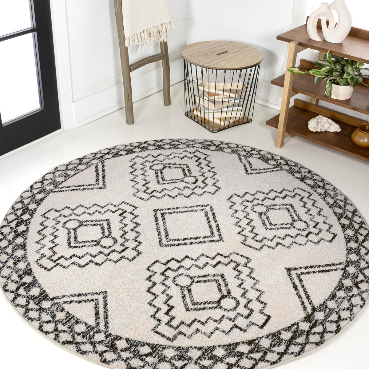 JONATHAN Y Amir Moroccan Beni Souk Cream/Black 4' Round Indoor Area Rug, Bohemian, Scandinavian, Easy-Cleaning for Living Room, Bedroom, Kitchen, Pet Friendly, Non-Shedding (MOH200A-4R)