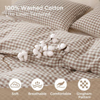 TOCOMOA Tan Gingham Duvet Cover Bedding Set Washed Cotton Like Linen, Queen