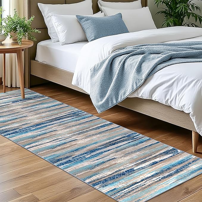 Lansny Modern Abstract Bedroom Runner Rug 2x7, Non-Slip Soft Thin Faux Wool Mat by lansny