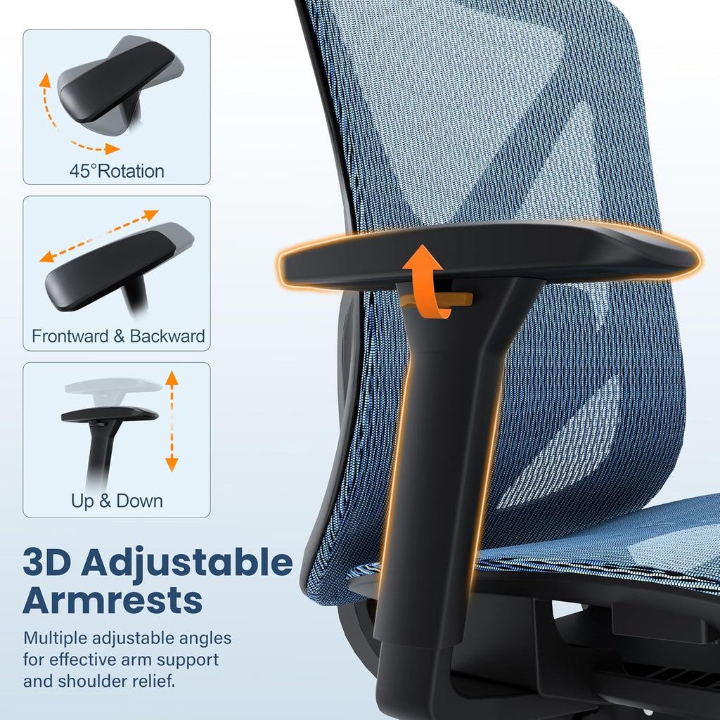 Ergonomic Office Chair, Mesh Computer Desk Chairs with BIFMA X5.1 Certified, Adjustable Lumbar Support, 3D Arm, Tilt Back, Wide Seat, Comfy Swivel Work Task Chair for Company and Home (Azure Blue)