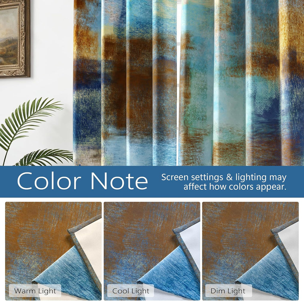 Blue Rust Abstract Curtains for Living Room Bedroom, 52W x 84L, 2 Panels