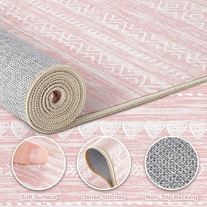 Nakagishi Pink Rugs for Bedroom Girls: 5x8 Washable Boho Large Neutral Area Rug - Image 3