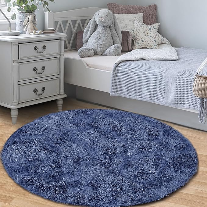Navy Blue Round Rugs for Bedroom: 4ft Circle Fluffy Shag Soft Washable Rug - Image 5