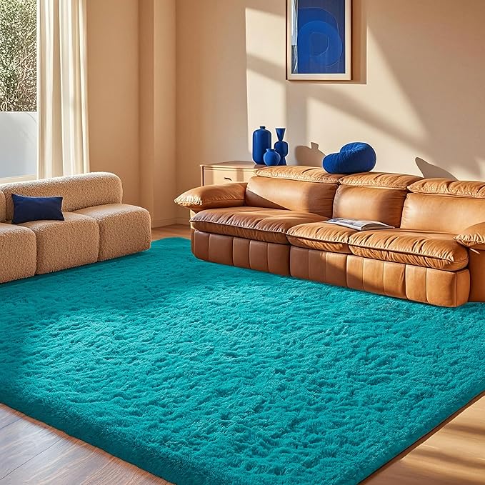 Ophanie Teal Rugs for Bedroom Living Room, Fluffy Fuzzy Furry Carpet, Plush - Image 3