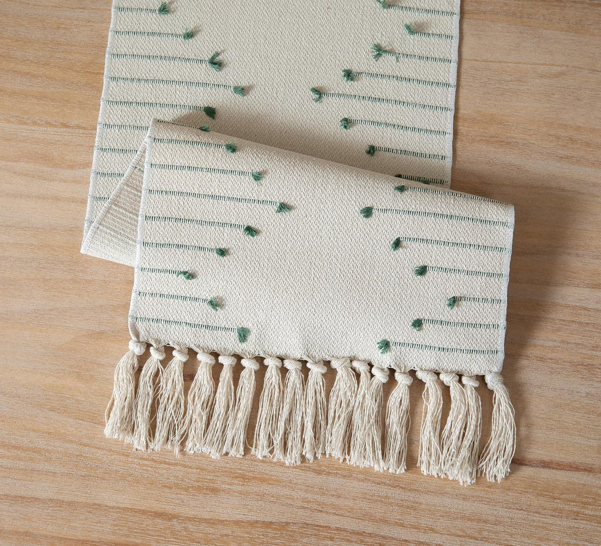 Caflife Green Beige Cotton Linen Rustic Boho Table Runner 13 x 90 Inch Long