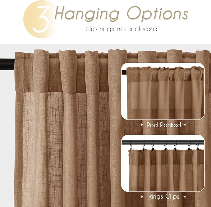 Brown Curtains for Living Room Back Tab Modern Farmhouse Semi Sheer Curtains - Image 2