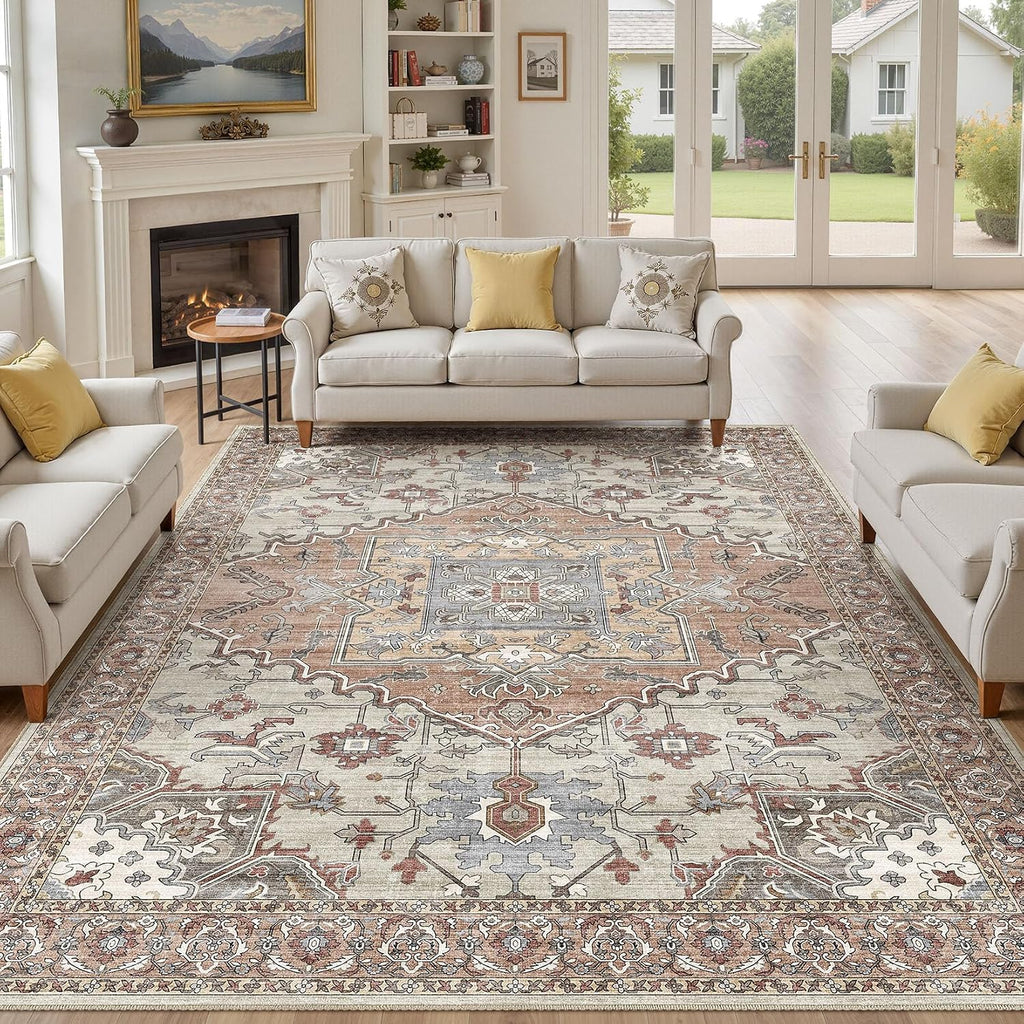 8x10 Area Rugs for Living Room: Washable Soft Brick Red Neutral Rug