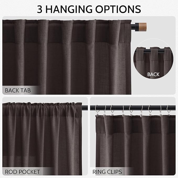 Nanspring Cocoa Coffee Curtains 102 Inches Long, Back Tab Linen Blend Light - Image 3