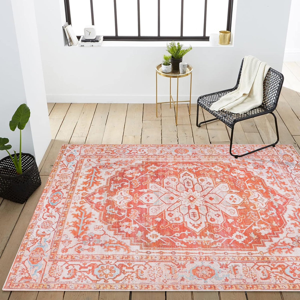 JONATHAN Y Machine Washable Orange/Cream Indoor Area Rug 4X6 ft, ASA Ornate Medallion for Living Room, Bedroom, Kitchen, Office, Easy-Cleaning, High Traffic, Pet-Friendly, Non-Shedding (WSH108A-4)