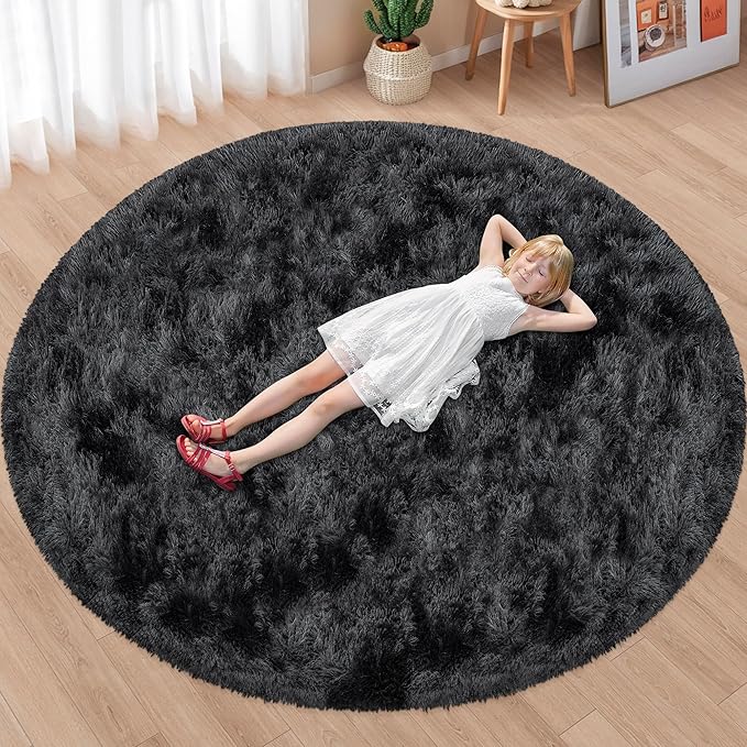 7x7 ft Tie Dye Black Round Rug for Bedroom Room Fluffy Circle Rug Furry Carpet - Image 5
