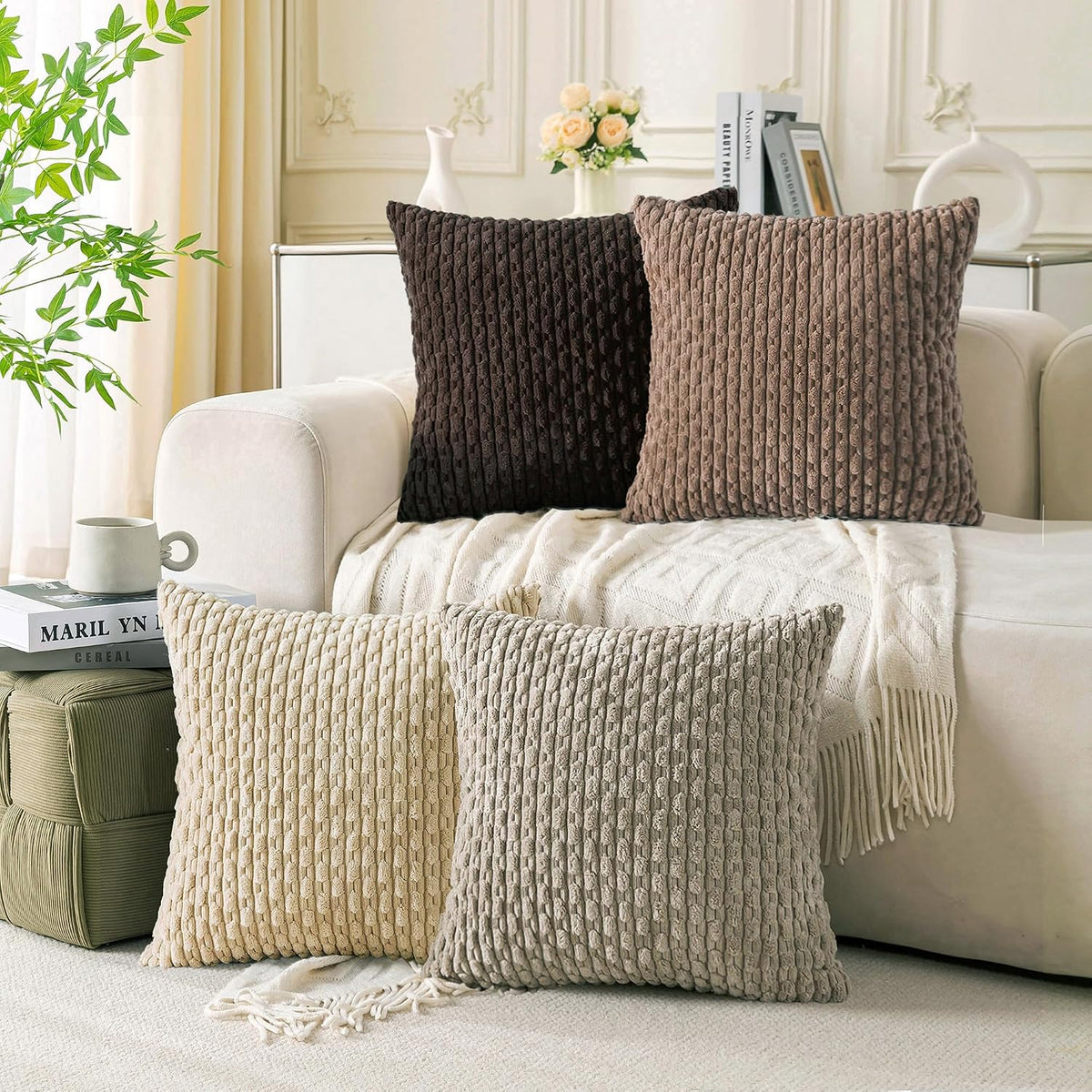 Set of 4 Beige Brown Coffee Decorative Throw Pillow Covers 18x18 Inch Corduroy Pillow Covers for Bed Couch Sofa Living Room Soft Square Cushion Cases
