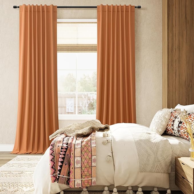 Guken Orange 100% Blackout Linen Curtains 120 Inch Length 2 Panels Set - Image 8