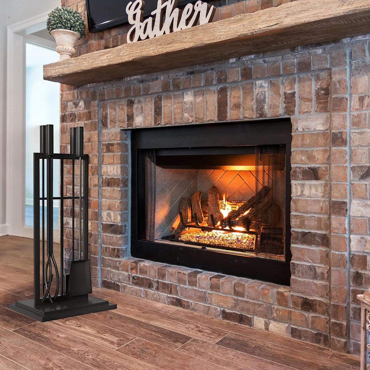 Panacea Firewood Tool Set Open Hearth Center with Fireplace Brush, Tong, Shovel, Poker, and Stand for Indoor and Outdoor Fireplaces, Black