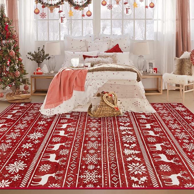 Christmas Rug 6x9 Washable Rugs, Boho Christmas Tree Snowflake Rug Non-Slip - Image 2