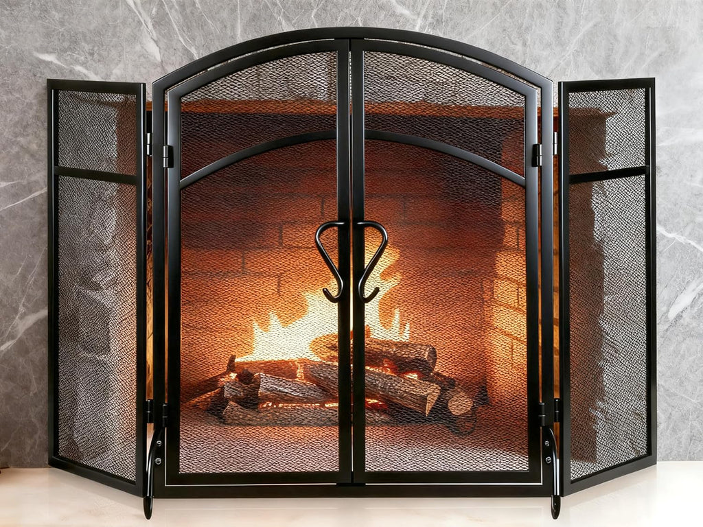 3 Panel Fireplace Screen with Doors & 4-Pcs Fireplace Tools Set