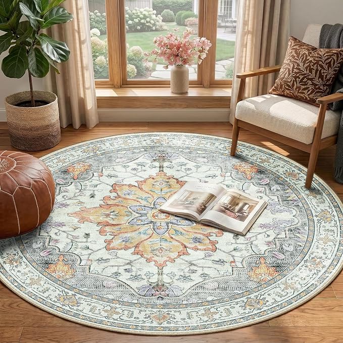 Area Rugs 4ft Washable Non-Slip, Floral Vintage Distress Print Pattern - Image 2