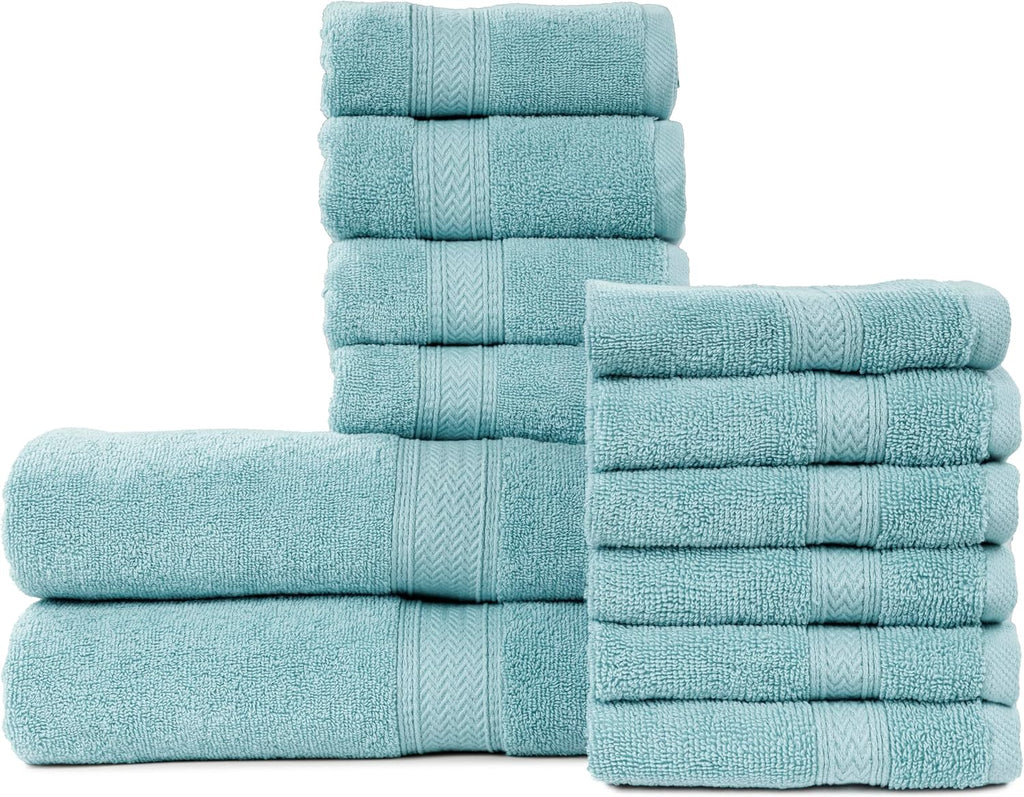 HILLFAIR Premium 100% Combed Cotton 12 Piece Bath Towels Set - Ocean Blue
