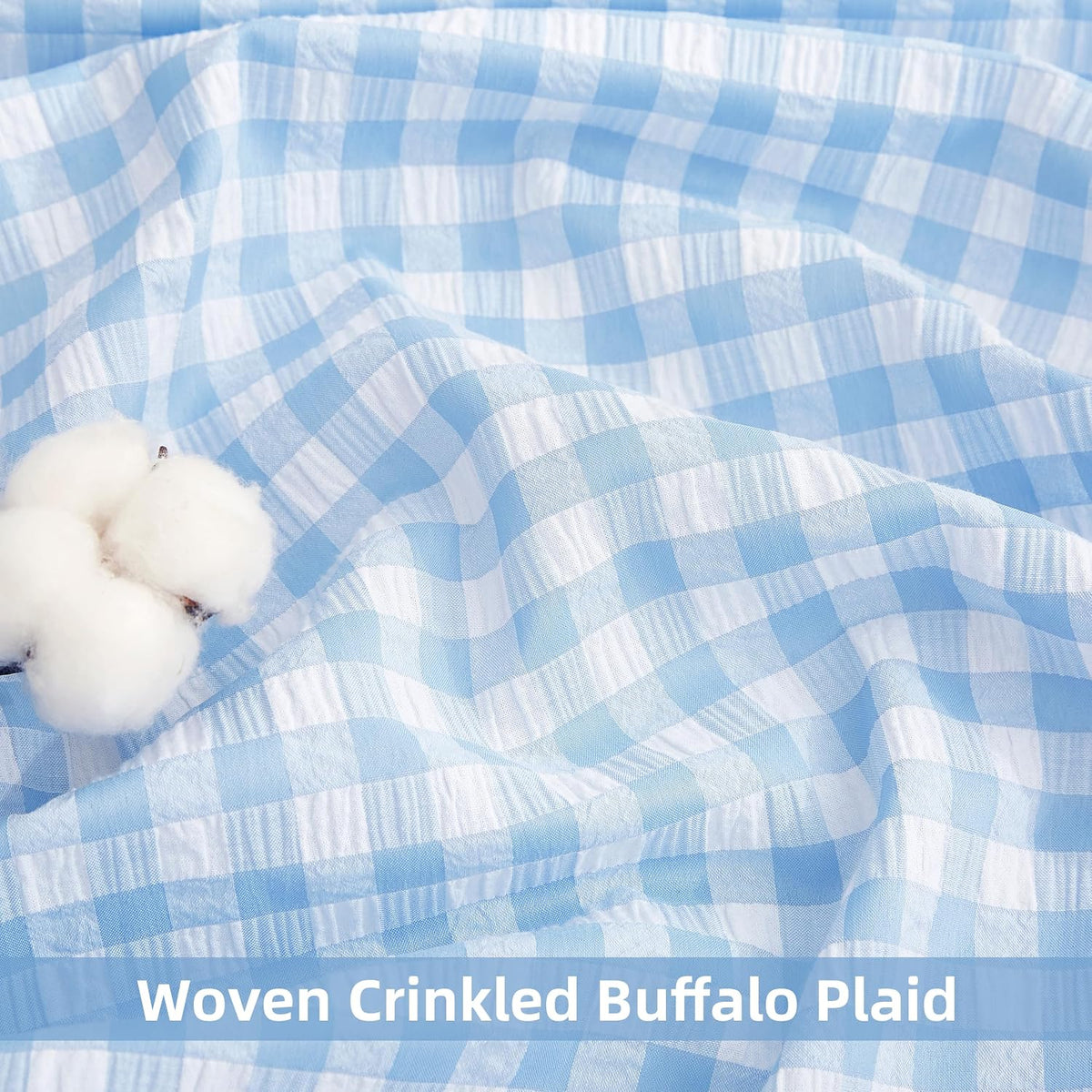 ZJDECOR Baby Blue Buffalo Plaid Ruffle Window Curtain Panels 84 Inches Long