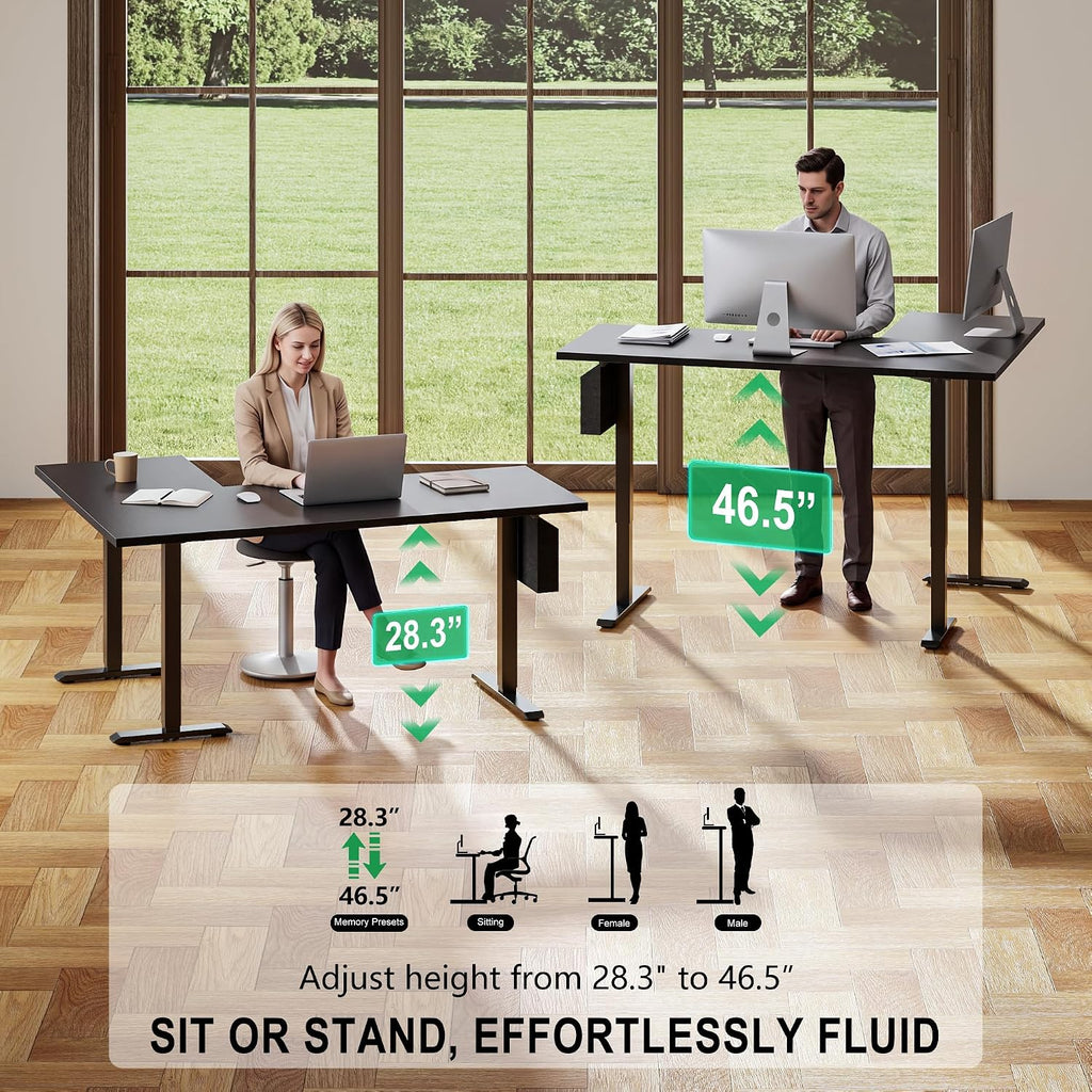Korfile 63" L Shaped Standing Desk Height Adjustable Memory Presets Black