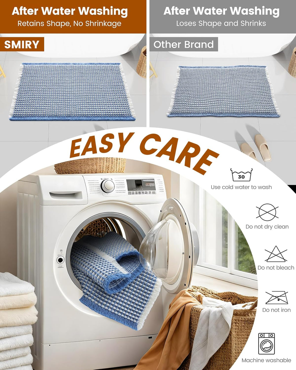 Smiry Waffle Bath Mat 30X18, Soft Absorbent Bathroom Rugs, Blue & Cream
