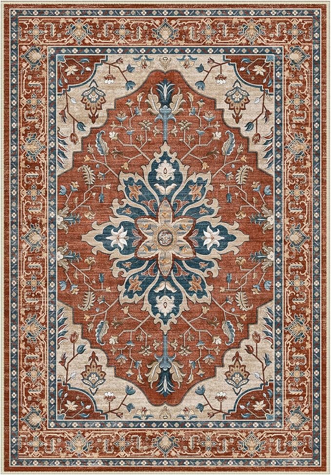 Area Rugs Round 8ft Washable Non-Slip, Floral Vintage Distress Print Pattern by RELEANY