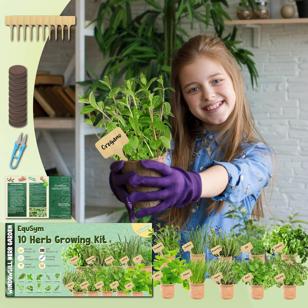 10 Herb Window Garden Kit Indoor, Complete Growing Kit with Pots & Soil