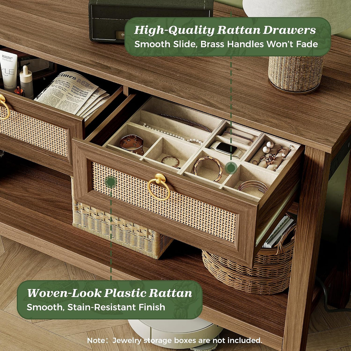 SUPERJARE Rattan Console Sofa Table with Outlets, USB-C Port and 3 Drawers