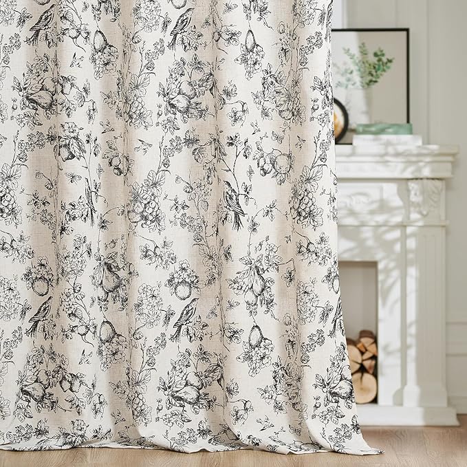 jinchan Linen Floral Curtains for Living Room 84 Inch Length Black Printed - Image 7