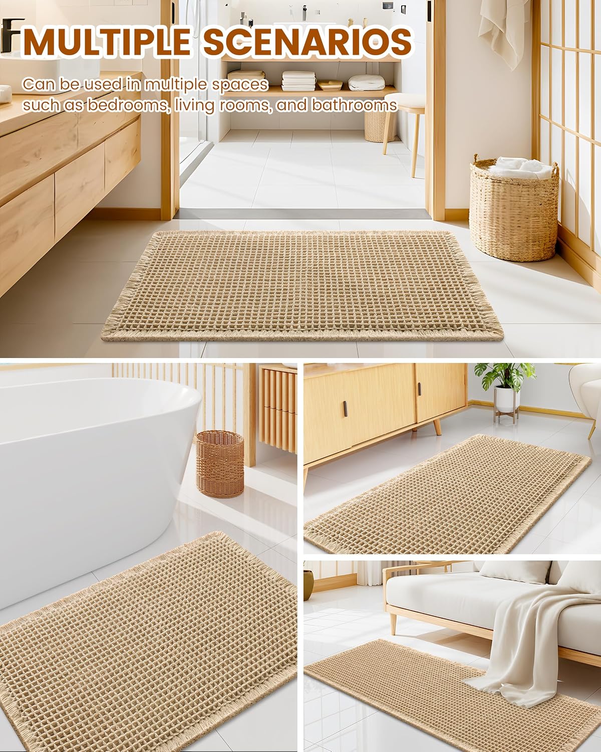 Smiry Waffle Bath Mat 60X24, Extra Soft Absorbent Bathroom Rugs, Brown