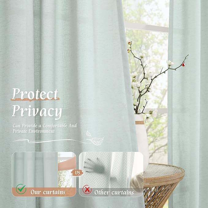 LAMIT Linen Curtains 63 Inch for Bedroom, Light Filtering Neutral Semi Sheer - Image 5