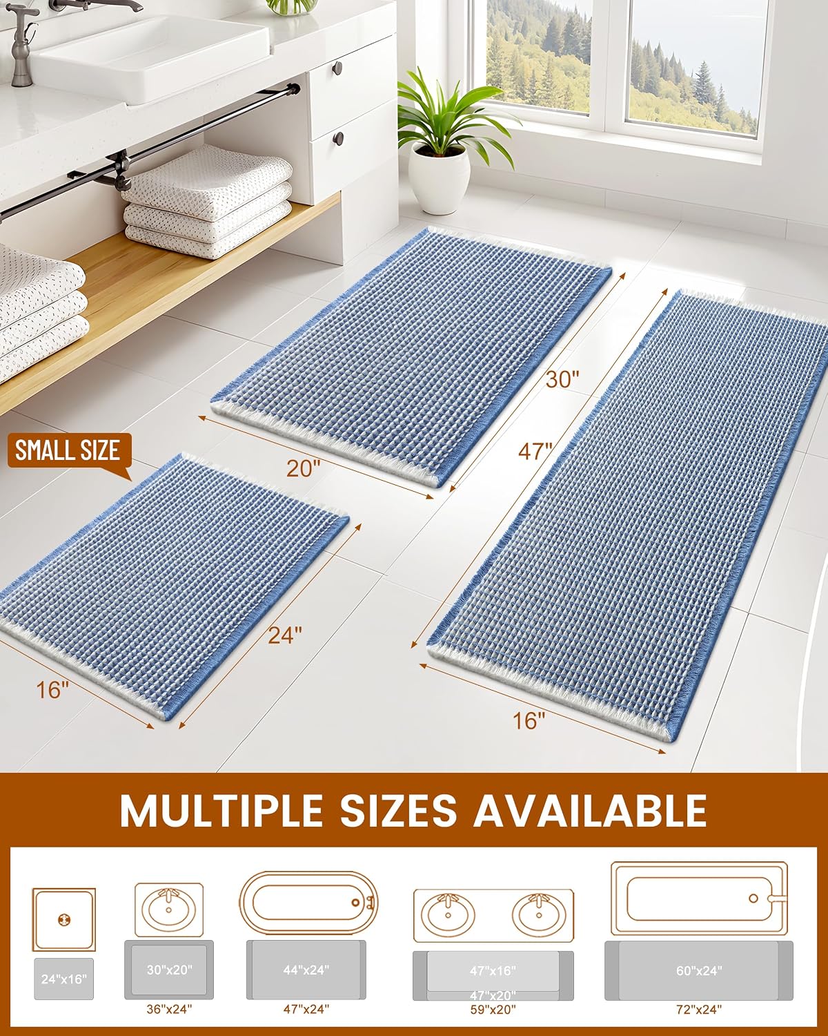Smiry Waffle Bath Mat 30X18, Soft Absorbent Bathroom Rugs, Blue & Cream