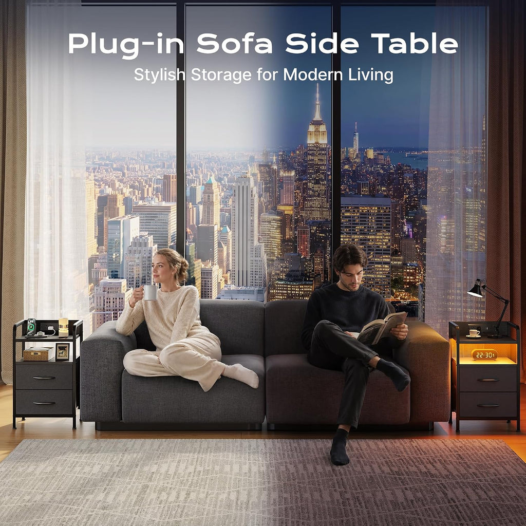 Huuger Nightstands Set of 2, Night Stand with LED Lights, Charging Station