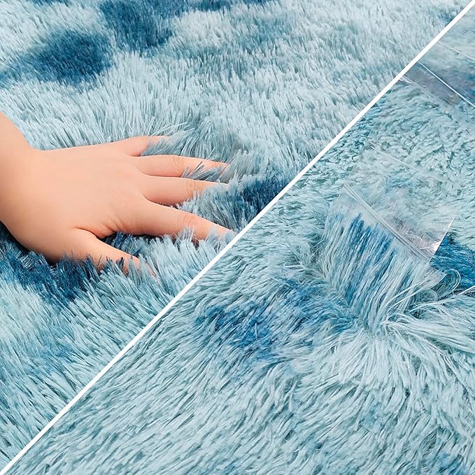 Super Soft Fluffy Living Room Area Rug 2x8 ft Tie-Dyed Light Blue Shaggy Furry - Image 6