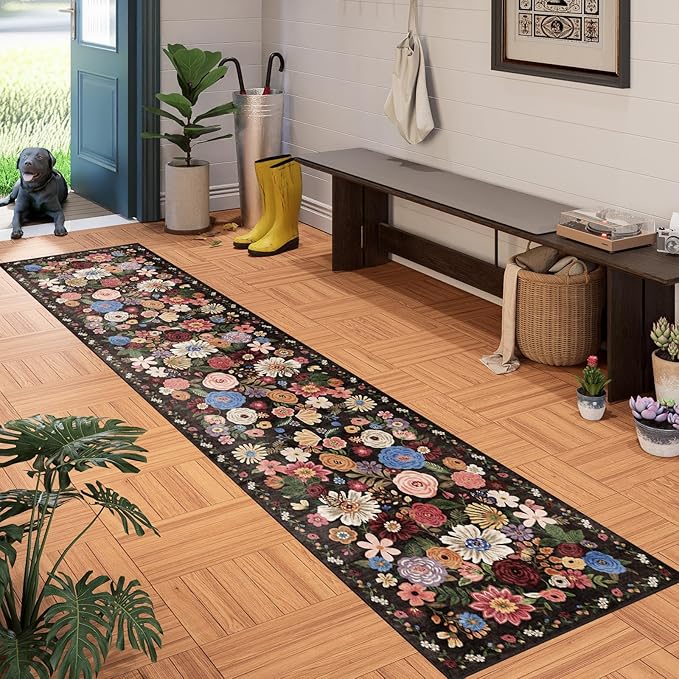 Floral Hallway Runner Black/Brown Carpet Non-Slip, 2x10 Washable Rug Ultra-Thin - Image 6