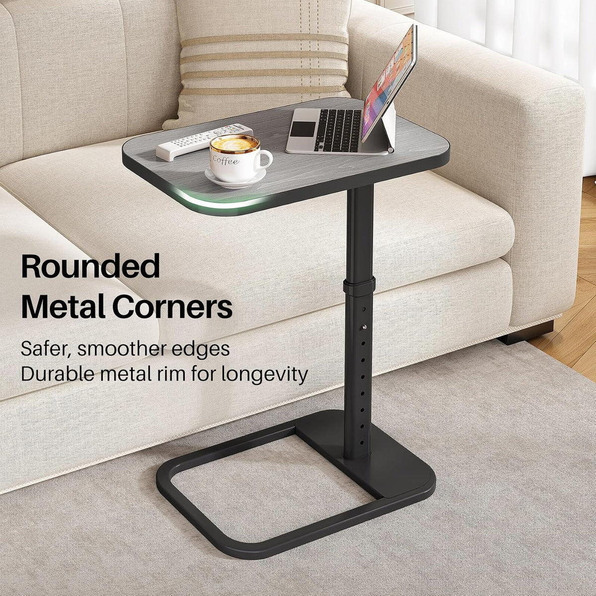 Kitstorack Upgraded TV Tray Table with Panel Lock, 90° Flip-Over Design & Adjustable Height, Sofa Arm Side Table for Eating, Laptop, Couch, Bed, or Small Spaces, Dark Gray