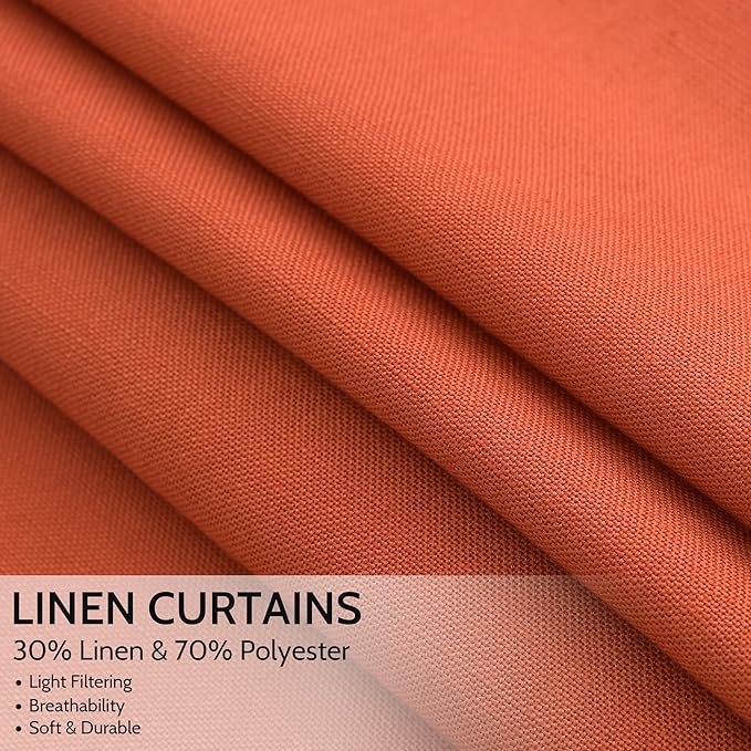 Nanspring Bright Orange Linen Blend Light Filtering Back Tab Curtains 96 Inches - Image 2