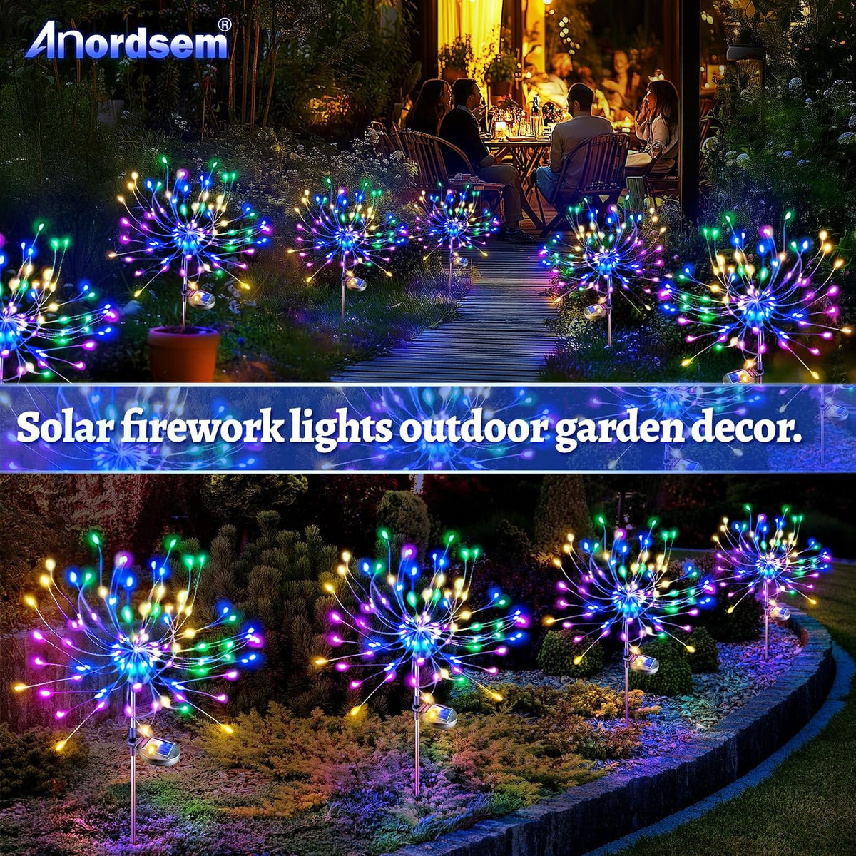 Anordsem Solar Firework Lights Outdoor Garden Fairy Lights 2 Pack Colorful