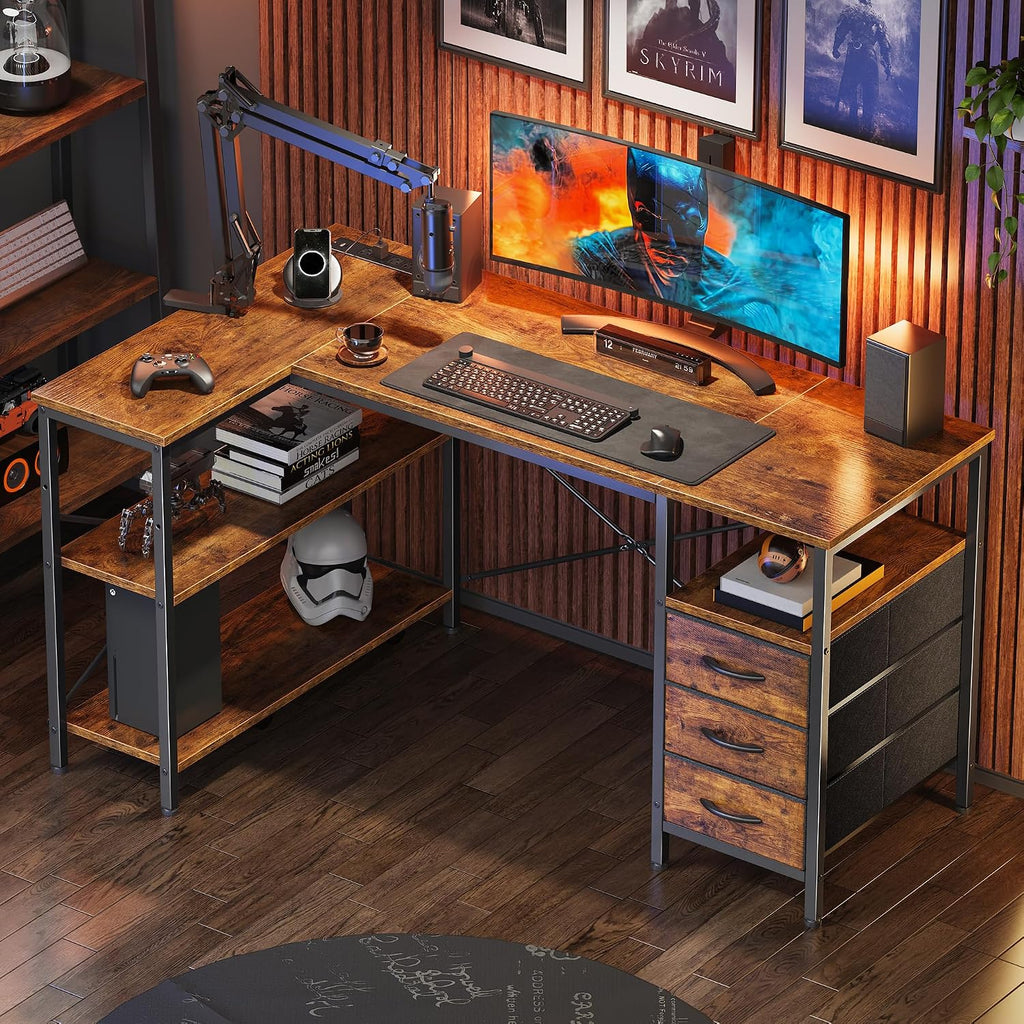Huuger L Shaped Office Desk with Power Outlets & 3 Drawers