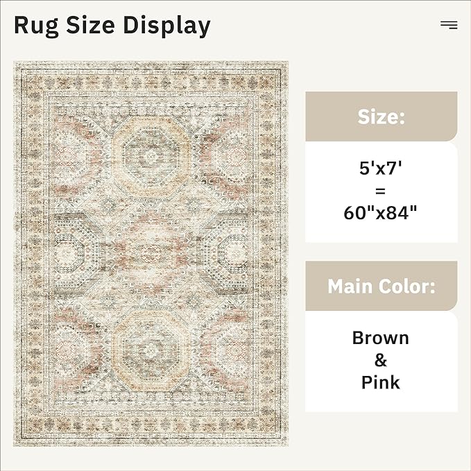 Soalmost 5x7 Area Rugs Brown Pink Low Pile Indoor Washable Trendy Faded Style - Image 3